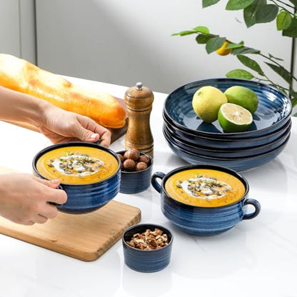HASENSE French Onion Soup Bowls with Handles, 20 Oz Ceramic Soup Crocks Set of 2, Stackable Serving Bowls for Chili, Stew, Cereal & Pasta, Microwave Dishwasher Safe, Blue Farmhouse Kitchenware - color: Blue, size: Set of 2