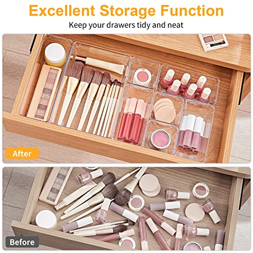 SMARTAKE 28 Piece Drawer Organizers with Non-Slip Silicone Pads, 4-Size | Clear Desk Bathroom Drawer Organizer Trays Storage Tray for Makeup, Jewelry, Utensils in Bedroom Dresser, Office and Kitchen - size: 28 PCS