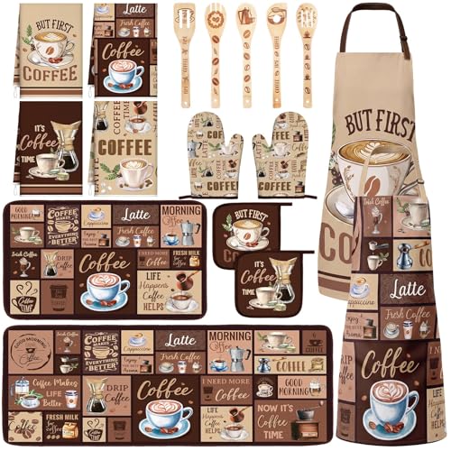Bencailor 17 Pcs Coffee Kitchen Decor and Accessories Coffee Kitchen Rug and Mat Oven Mitts and Pot Holders Apron Dish Towels Cute Wooden Spoons for Vintage Brown Home Decor Housewarming Gifts - color: Coffee