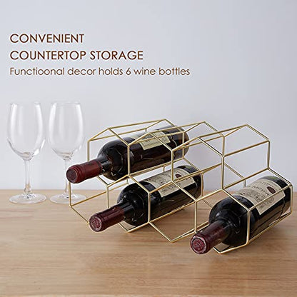 FOMANSH Countertop Wine Storage - Freestanding 7 Bottle Metal Holder with Modern Design for Kitchen or Wine Cellar - color: Gold
