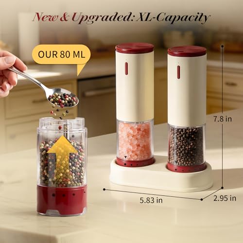 Electric Salt and Pepper Grinder Set Automatic Rechargeable for Mom-2 PCS | Salt and Pepper Shakers Kitchen Appliances with Storage Base External Adjustable Coarseness & Upgraded Large Capacity Gifts