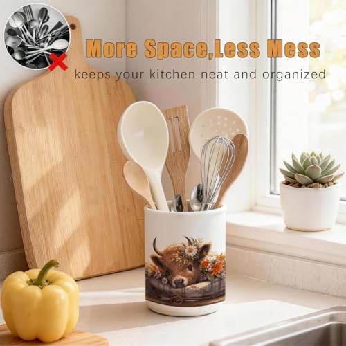 Highland Cow Ceramic Utensil Holder for Kitchen Counter, Farmhouse Rustic Highland Cow Decor 5.4" Kitchen Cooking Crock Utensil Holder for Countertop