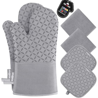 KEGOUU Oven Mitts and Pot Holders 6pcs Set, Kitchen Oven Glove High Heat Resistant 500 Degree Extra Long Oven Mitts and Potholder with Non-Slip Silicone Surface for Cooking (Light Gary) - color: Light Gary