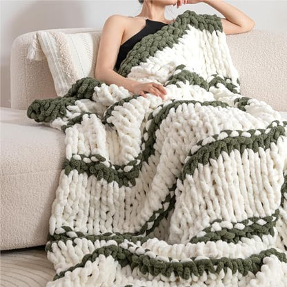 Chunky Knit Blanket Throw for Couch 50"×60" Olive Green and White | 100% Handmade Knitted Throw Blanket Fluffy Soft Blanket with Jumbo Chenille Yarn Thick - color: Olive Green and White, size: 50"*60"