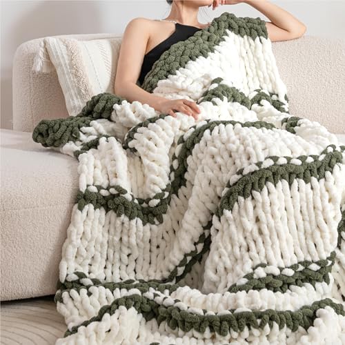 Chunky Knit Blanket Throw for Couch 50"×60" Olive Green and White | 100% Handmade Knitted Throw Blanket Fluffy Soft Blanket with Jumbo Chenille Yarn Thick - color: Olive Green and White, size: 50"*60"