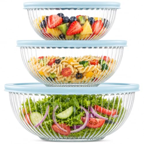 Luvan Glass Mixing Bowls with Lids Set(3.7QT, 2.1QT, 1.1QT),3PC Glass Nesting Bowl, Large Salad Bowls Sets with lids,Clear Cooking Bowl for Kitchen Prep,Food Storage,Baking,Microwave and Oven Safe - color: 3 Pack Sky Blue