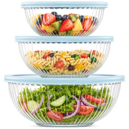 Luvan Glass Mixing Bowls with Lids Set(3.7QT, 2.1QT, 1.1QT),3PC Glass Nesting Bowl, Large Salad Bowls Sets with lids,Clear Cooking Bowl for Kitchen Prep,Food Storage,Baking,Microwave and Oven Safe - color: 3 Pack Sky Blue