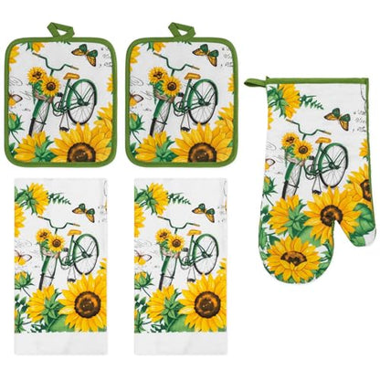 5 Piece Bicycle & Sunflowers Printed Kitchen Linen Set, 2 Cotton Towels,2 Potholders,1 Oven Mitt with Hanging Loop,100% Cotton Material on Front & Polyester Backing, Perfect for Kitchen - color: Bicycle & Sunflowers