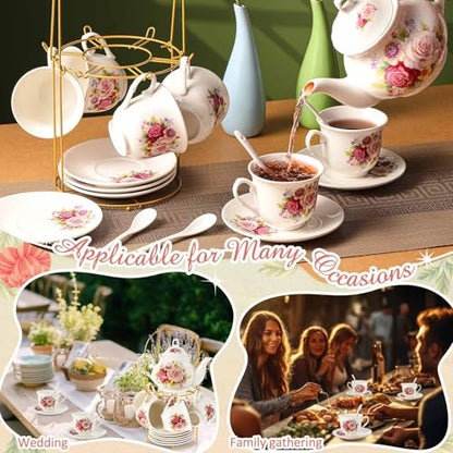 Zhehao 20 Pcs Porcelain Tea Set with Metal Holder and Spoon Adult Ceramic Tea Set European Flower Painting Teapot Cup Saucer Spoon for Women Mom Gift, Large Version (Modern Style) - color: Modern Style