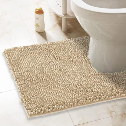 24"x21" U-Shaped Non-Slip Shaggy Chenille Toilet Contour Bathroom Rug with Water Absorbent, Beige - color: Beige, size: 24" x 21" (U-Shaped)