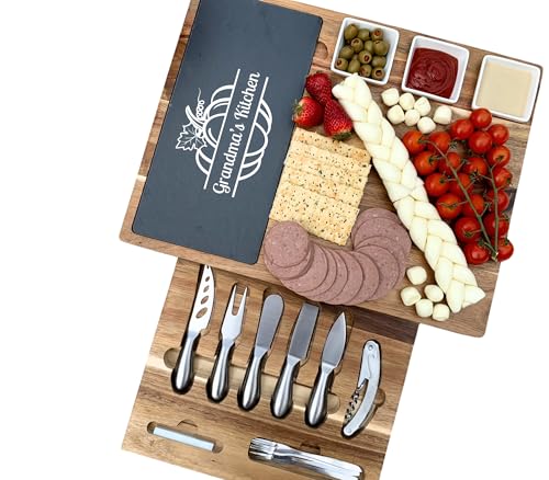 Luxury Acacia Charcuterie Board Gift – Personalized Slate Cheese Board with Utensils – Perfect Thanksgiving, Wedding, Christmas & Housewarming Present - color: Design #29