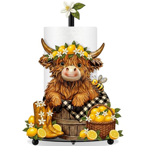Lemon Highland Cow Paper Towel Holder Lemon Cattle Kitchen Bathroom Decor Farmhouse Large Metal Highland Cow Yellow Towel Holder Stand with Round Base for Home Countertop Accessories Gifts - style: Lemon