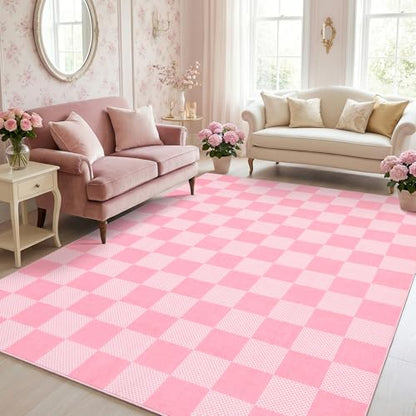 GarveeHome Checkered Pink 6x9 Washable Girls Rug Low-Pile Bedroom Nursery | Pink and White Area Rug for Living Room Girl Room Classroom Non-Slip Soft Stain Resistant Geometric Rugs TPE Backing - color: Blush Pink, size: 6' x 9' (Rectangular)