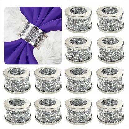 Silver Diamond Napkin Rings (Silver 12 Pack) | Crystal Glass Napkin Holder Glam Crushed Diamond Table Settings Bling Serviette Buckles Cloth Holder - color: Silver 12 Pack