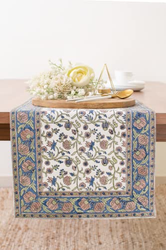 Midnight Blue Side Table Runners ( 100% Cotton, Floral Hand Block Print, 14x36 inch, Pack of 1) Fabric Lined | No Fray Edges | for Home, Kitchen, Dining Room, Holiday, Wedding Party Décor