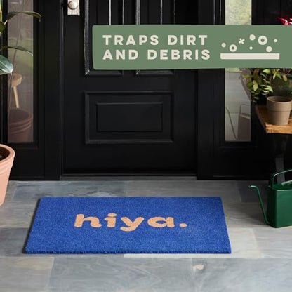 TOWN & COUNTRY TERRA Hiya Painted Welcome Door Mat, Natural Coir, Heavyweight, Non-Slip Entryway Mat, Blue, 18"x30" - color: Blue, size: 1'6" x 2'6" (Rectangular)