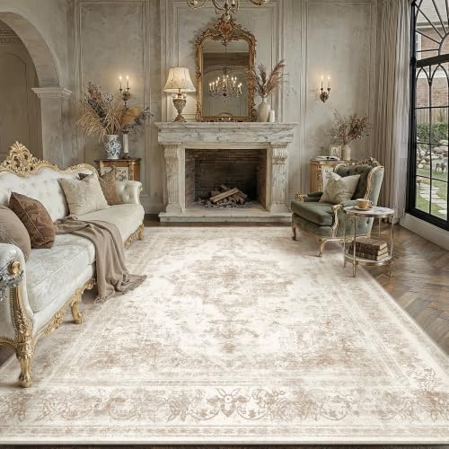 9x12 Washable Area Rug Beige Vintage Distressed Netural Carpet | Non-Slip, Non Shedding, Low Pile, Soft Durable, Medallion Indoor Rug, Large Living Room, Dining Room, Bedroom, Home Decor - color: Antique Beige, size: 9' x 12' (Rectangular)