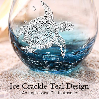 Physkoa Sea Turtle Gifts for Women-13.5oz Sea Turtle Wine Glasses set of 2 - Crackle teal design turtle wine glasses-Hand blown Stemless Wine Glass -Sea lovers Gifts for Birthday，Mothers Day - color: White（2 Count）