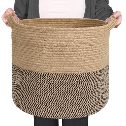 Large Wicker Storage Basket, 16" x 14" Woven Baskets for Storage, Blanket Storage for Living Room, Big Round Wicker Bin for Laundry, Pillows, Towels, Shoes, Dog Kids Toy Box, Home Decor - color: Black and Jute