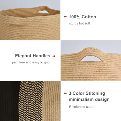 Cotton Rope Blanket Basket, 72L Tall Laundry Hamper, Brown & Black | 16"x 22", Large Collapsible Woven Nursery Hamper with Sturdy Handles for Clothes Toys Towels, Bedroom Living Room Bathroom - color: Brown & Black, size: 72L (16"x22")