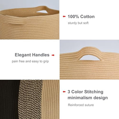 Cotton Rope Blanket Basket, 72L Tall Laundry Hamper, Brown & Black | 16"x 22", Large Collapsible Woven Nursery Hamper with Sturdy Handles for Clothes Toys Towels, Bedroom Living Room Bathroom - color: Brown & Black, size: 72L (16"x22")