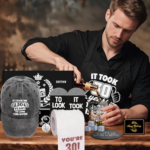 30th Birthday Gifts for Men Whiskey Glass Set, 30th Birthday Party Supplies with 11 Oz Whiskey Glass Coaster Stone Baseball Cap Apron Sock Toilet Paper Keychain for Him, Dad, Husband, Friends - style: 30th Birthday
