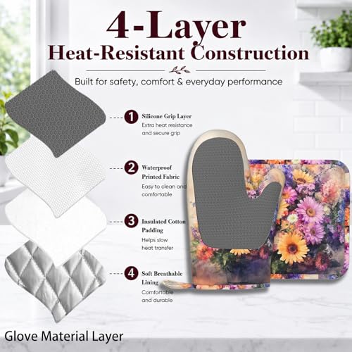 Retro Blooming Flowers Oven Mitts and Pot Holders Sets Silicone Kitchen Mitts Potholders Heat Resistant Oven Gloves Hot Pads for Kitchen Baking Cooking - color: Retro Blooming Flowers