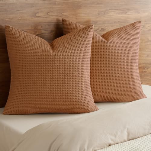 PHF 100% Cotton Waffle Weave Throw Pillow Cover, 24" x 24", No Filling, 2 Pack Elegant Home Decorative Square Throw Pillow Covers for Bed Couch Sofa, Cinnamon Brown - color: Cinnamon Brown, size: 24" x 24" (Pack of 2)