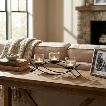 Iron Arch Table Centerpiece Decorations Long Candle Holder for Weddings, Patio, Kitchen, Dining Room, and Coffee Tables, Black, Clear Chunky 3 Cups | Votive Candle Holders, Wrought Iron 3 Cup Candelabra, Long Modern Coffee Console Decor, Black Finish, Cle