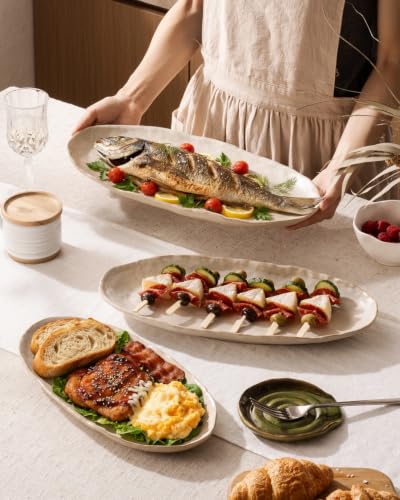 Besmeety Serving Platters Set of 3, Serving Trays for Party, Cheese Platter | Ceramic Serving Dishes for Entertaining, Farmhouse Platters for Serving Food Party, Dessert Tray, Stoneware Plates, Oven Safe