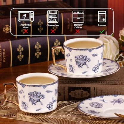 KAMMAK Tea Cups and Saucers Set of 2, Fine Bone China Coffee Cups, 571N | Stackable Espresso Mugs, Ceramic Demitasse for Coffee, Cappuccino, Latte, Americano, Tea - size: 7KPSP571N