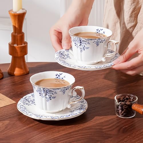 Ceramic Floral Cups with Saucers，7 oz Espresso Cups for Latte Coffee Cafe, Cappuccino and Tea (1, Little Blue Flower) - color: Little Blue Flower
