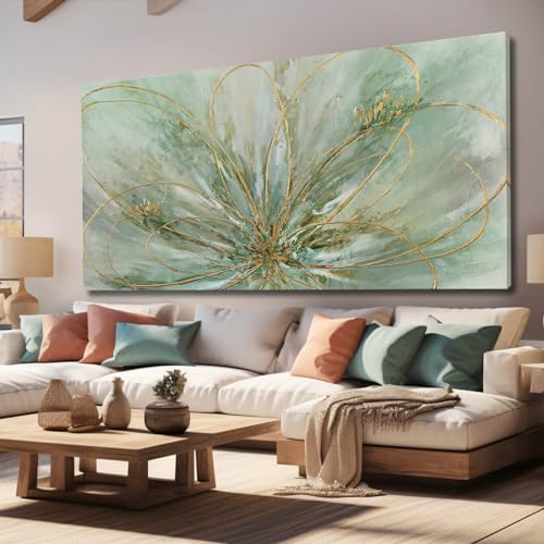 YJYart Abstract Wall Art Green and Gold Hand Painted Oil Painting Blossom Botanical Large Picture for Living Room Bedroom Kitchen Office 30x60 Inch - color: Green, size: 58"L x 29"W