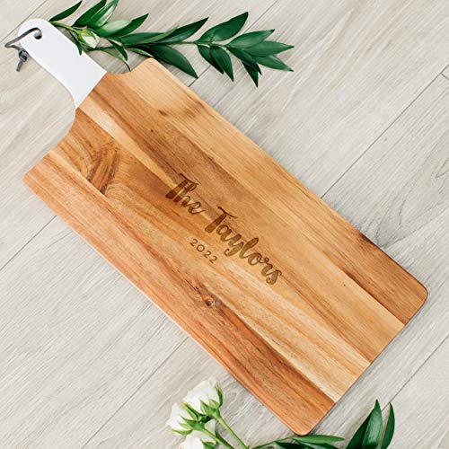 Weddingstar Personalized Wooden Cutting Board or Serving Board with White Handle 7.8" x 21"- Retro Script Etching - color: Retro Script, size: 21"L x 7.8"W