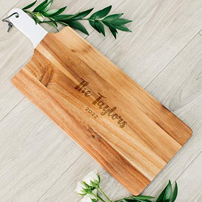 Weddingstar Personalized Wooden Cutting Board or Serving Board with White Handle 7.8" x 21"- Retro Script Etching - color: Retro Script, size: 21"L x 7.8"W