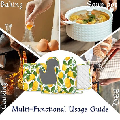 Yellow Lemon Pot Holders and Oven Mitts Set Silicone Tropical Summer Fruit Kitchen Gloves Potholders Heat Resistant Washable,Chef Cooking Baking Gifts for Women Men Bakers Lover Cooks - color: Yellow Lemon,tropical Summer Fruit