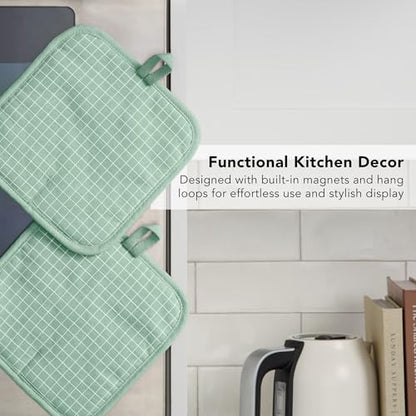 KITCHENAID Gourmet Series Gridlines Pot Holders 2-Pack Set, Heat Resistant up to 600°F, Soft Silicone Grip, Magnetic Cuff, Pistachio Green, 8"x8" - color: Pistachio Green