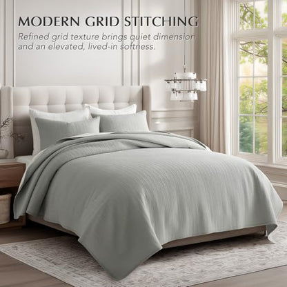 100% Cotton Modern Grid Stitch Quilt Set, King Size, Drizzle Gray | Pre-Washed Cotton Coverlet Bedspread, Oversized Lightweight 3-Piece Bedding Set for All Season, with 2 Pillow Shams - color: Drizzle Gray, size: King (110" X 94")