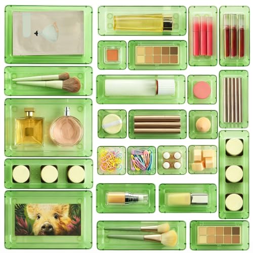 Vtopmart 25 Pack Plastic Drawer Organizers with Non-slip Rubber Pads | 4-Size Versatile Makeup Organizer, Storage Containers Small Bins for Makeup, Jewelries, Bedroom, Kitchen Utensils and Office - color: Clear Green