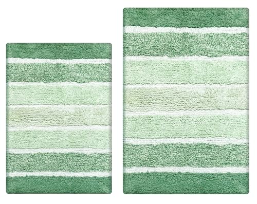 Cordural Stripes Bath Mat, Set of 2 Bath Rugs (21x34 Inches & 24x40 Inches) | Non Slip Bathroom Rug, Machine Washable, Plush, Highly Absorbent | Sage Green Ombre & White - color: Sage Green Ombre-white