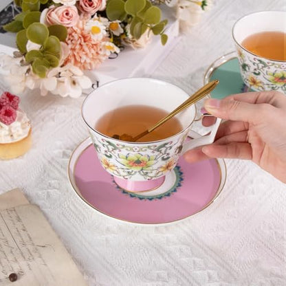 KAMMAK Ceramic Coffee Cups Saucers Set of 2, Porcelain Espresso Cups with Saucers, 8.12 oz Handcrafted Elegant Bone China Tea Cups, Lotus Floral Pattern Teacup for Party, Office, Women Gift - color: Ruyi Lotus (Pink + Green)