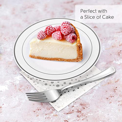 Silver Dessert Plates Set, 100 Wedding Plates, Forks and Napkins, 7.5 Inch | Sturdy plastic, cake service, appetizer tables, salad course, weddings, birthdays, easy cleanup - color: Silver, style: Plates,Forks and Napkins