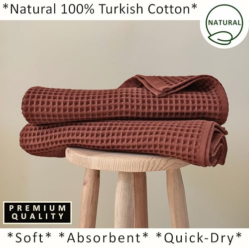 PÜSKÜL 2-Piece Natural 100% Turkish Cotton Waffle Bath Towels Extra-Large | Brick-Red, 32x63" Bath Sheet Towel, Light Soft Absorbent Quick-Dry Lint-Free Premium Honeycomb Weave Oeko-Tex Made in Turkiye - color: Brick