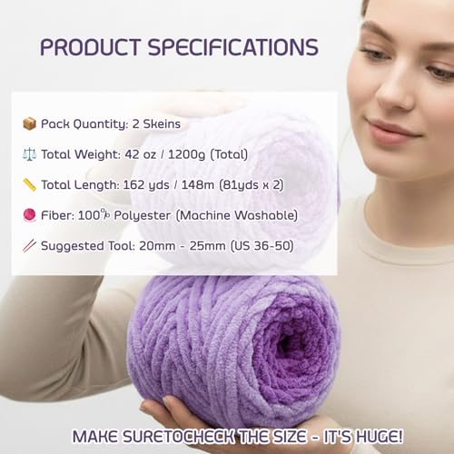 Beginner Chunky Yarn for Hand Knitting Ombre Blankets, Plush Chenille Fade | Long-fade ombre chenille chunky yarn - #7 Jumbo - 42oz/1200g - 81 Yards - Lavender Purple - color: Lavender Purple (0.8" Thick)