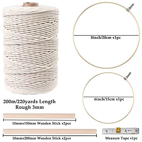 152pcs Macrame Kit for Beginners: Natural Cotton Macrame Cord, Wooden & Metal Rings, Beads, Sticks & Hoops - Perfect for Macrame Plant Hangers & Home Decor - size: 3mm x 220yards set-152pcs
