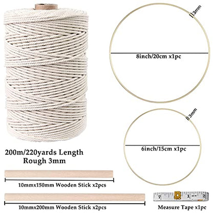 152pcs Macrame Kit for Beginners: Natural Cotton Macrame Cord, Wooden & Metal Rings, Beads, Sticks & Hoops - Perfect for Macrame Plant Hangers & Home Decor - size: 3mm x 220yards set-152pcs