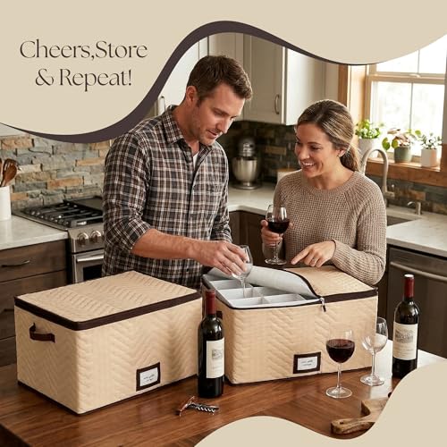 Wine Glass Storage Box with Dividers, Holds 12 Glasses up to 4.25" Wide | 2 Pack, Stemware Storage Case, Protects Fine China, Durable Quilted Microfiber, Carry Handles, Ideal for Red Wine Glass - size: Red Wine Glass, style: 2 Pack