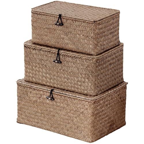 Nonam Seagrass Storage Baskets with Lid Set of 3,Wicker Basket Storage Bin for Shelves,Rectangular,Boho Decor,Handwoven Shelf Basket for Organizing-Storage Container Box for Home Organization-Coffee - color: Standard Coffee* Set of 3
