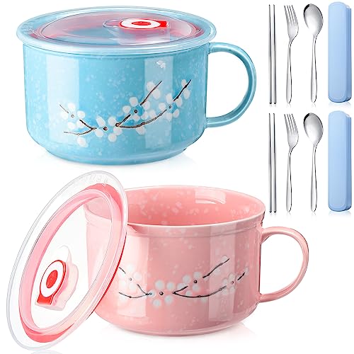 2 Pcs 30 Oz Ceramic Bowl with Lid Handle Noodle Cup,Pink, Blue | Microwave Soup Bowls for Instant Meals, Cherry Blossom Design, 2 Stainless Utensils Sets with Case for Office Dorm Lunch - color: Pink, Blue