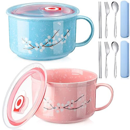 2 Pcs 30 Oz Ceramic Bowl with Lid Handle Noodle Cup,Pink, Blue | Microwave Soup Bowls for Instant Meals, Cherry Blossom Design, 2 Stainless Utensils Sets with Case for Office Dorm Lunch - color: Pink, Blue